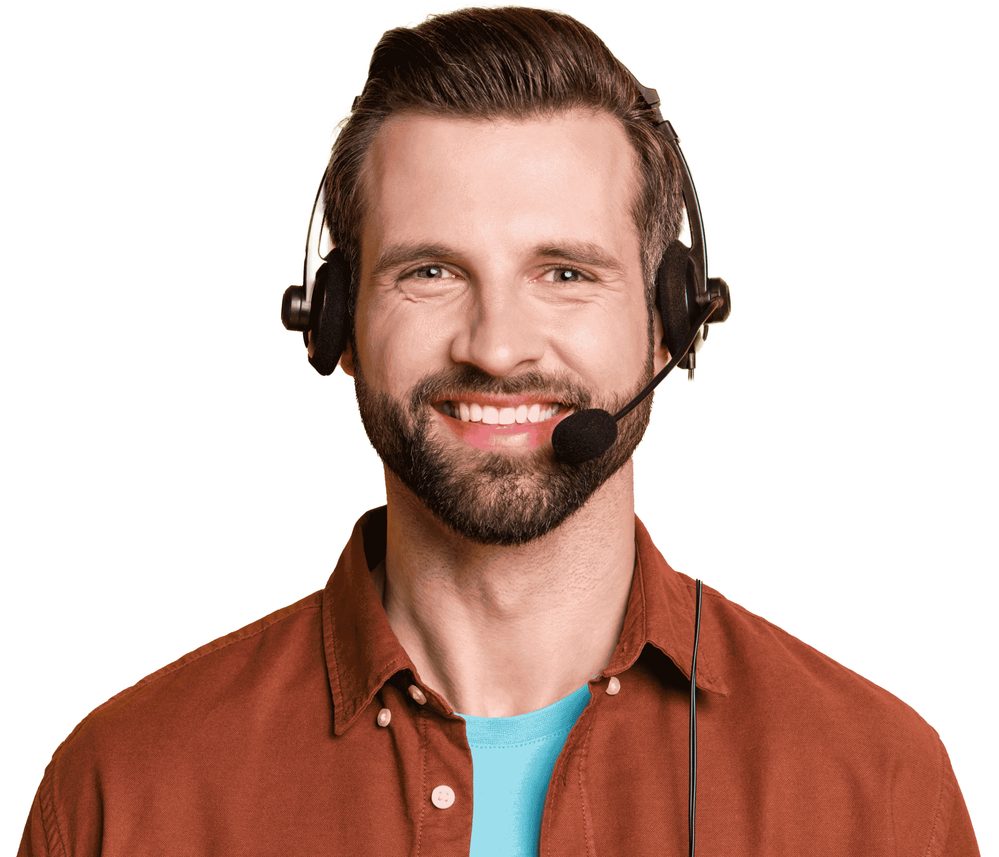 Smiling man with headset on presenting yourmeds customer service.