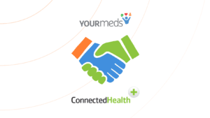 Yourmeds logo schudt handen met connected health logo in partnerschap uitrol slim medicatiebeheersysteem over heel ierland
