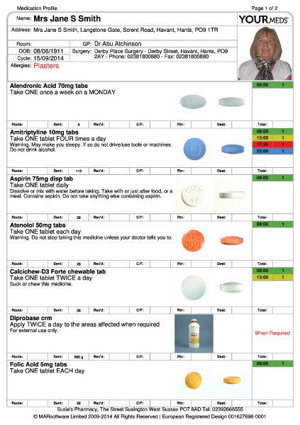 YOURmeds MAR charts the patient medication profile